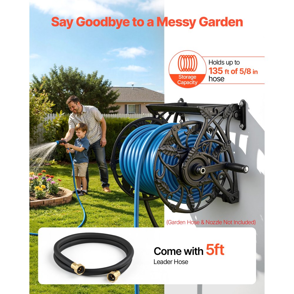 VEVOR Wall Mounted Garden Hose Reel, Holds 135 Feet of 5/8-inch Hose, Outdoor Heavy-Duty Waterhose Holder Winder, with