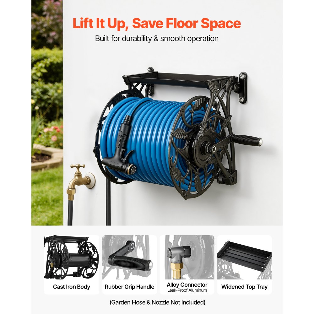 VEVOR Wall Mounted Garden Hose Reel, Holds 135 Feet of 5/8-inch Hose, Outdoor Heavy-Duty Waterhose Holder Winder, with