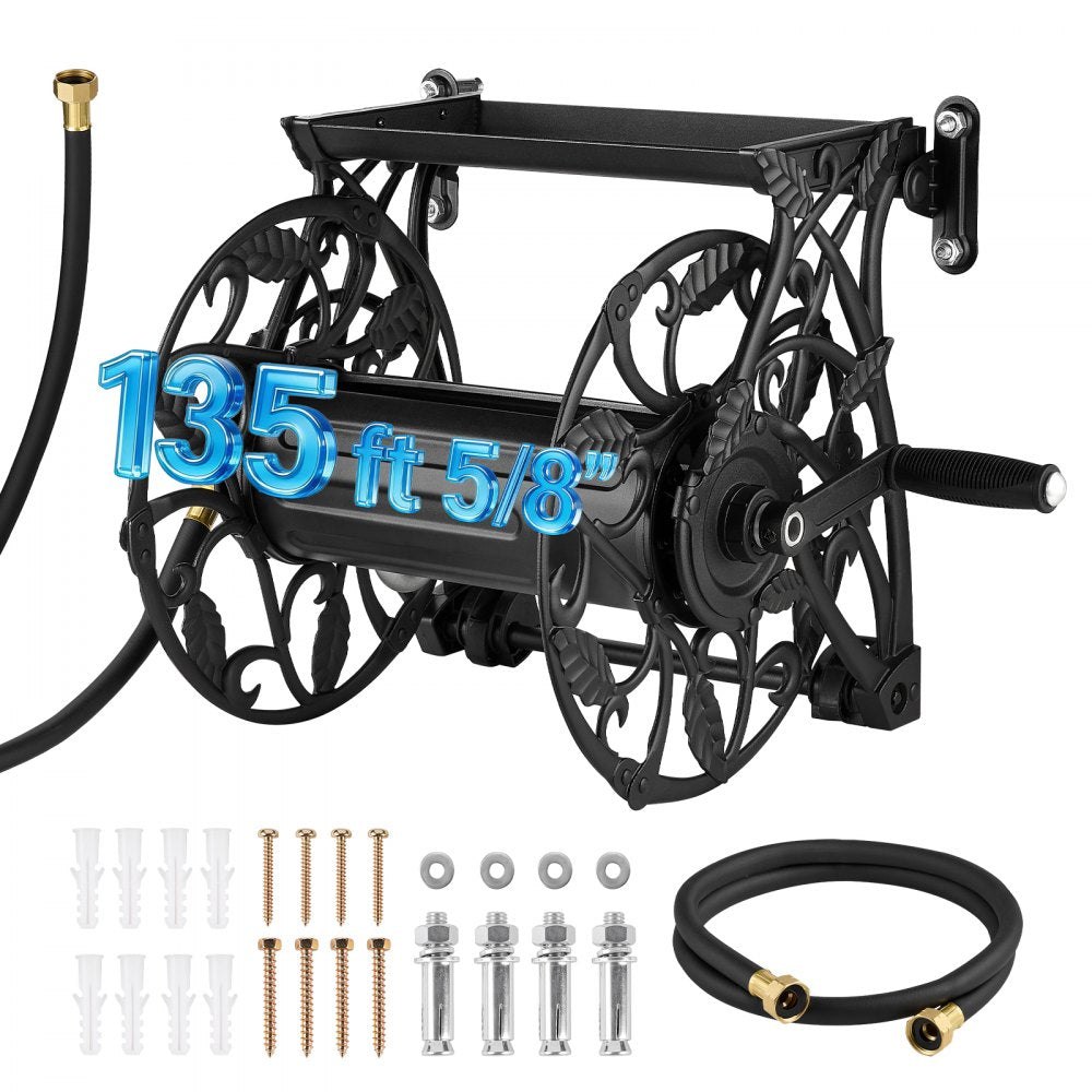 VEVOR Wall Mounted Garden Hose Reel, Holds 135 Feet of 5/8-inch Hose, Outdoor Heavy-Duty Waterhose Holder Winder, with