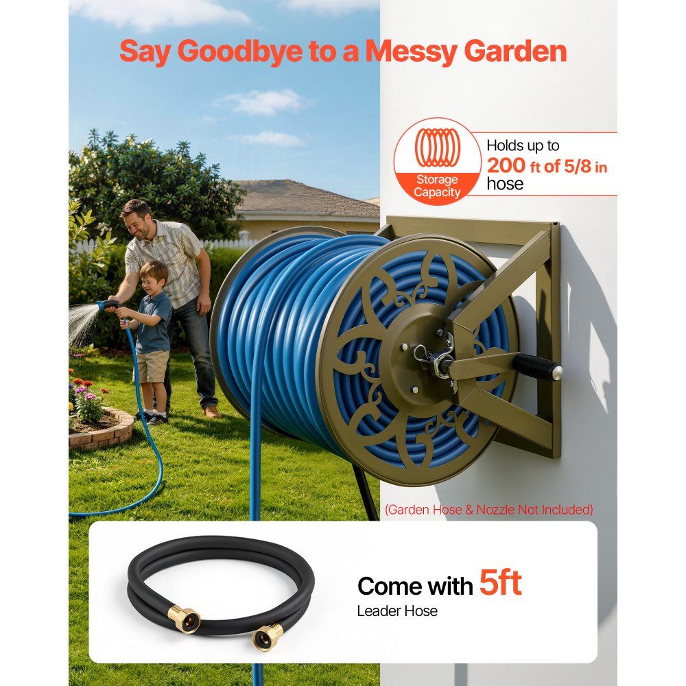 VEVOR Wall Mounted Garden Hose Reel, Holds 200 Feet of 5/8-inch Hose, Outdoor Heavy-Duty Waterhose Holder Winder, with