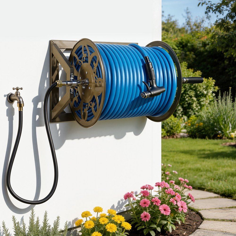 VEVOR Wall Mounted Garden Hose Reel, Holds 200 Feet of 5/8-inch Hose, Outdoor Heavy-Duty Waterhose Holder Winder, with