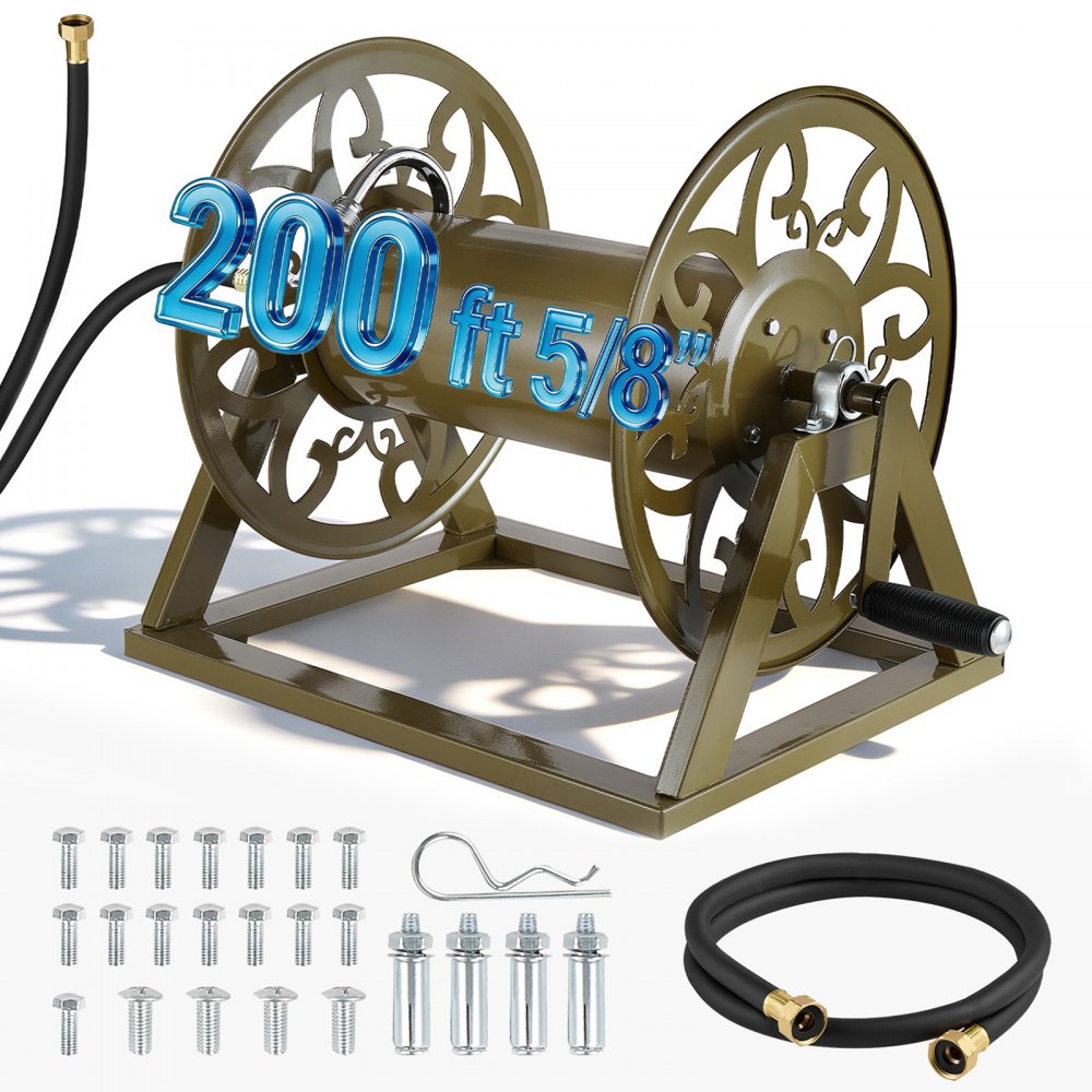 VEVOR Wall Mounted Garden Hose Reel, Holds 200 Feet of 5/8-inch Hose, Outdoor Heavy-Duty Waterhose Holder Winder, with