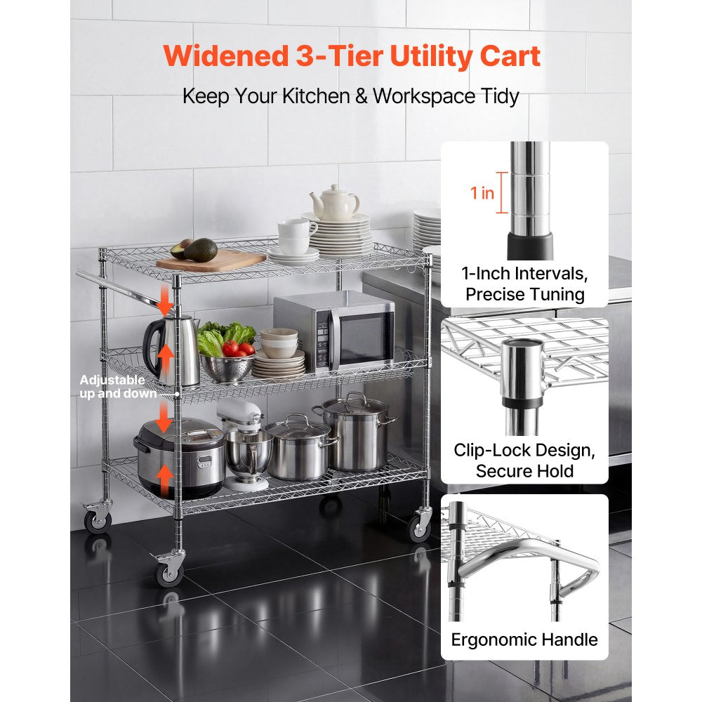VEVOR Kitchen Utility Cart, 3 Tier Heavy Duty Adjustable Wire Storage Rack, Commercial Steel Rolling Service Trolley on