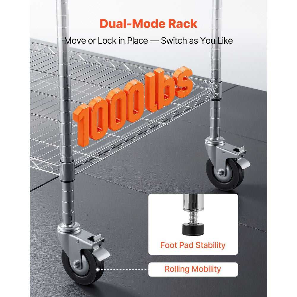 VEVOR Kitchen Utility Cart, 3 Tier Heavy Duty Adjustable Wire Storage Rack, Commercial Steel Rolling Service Trolley on