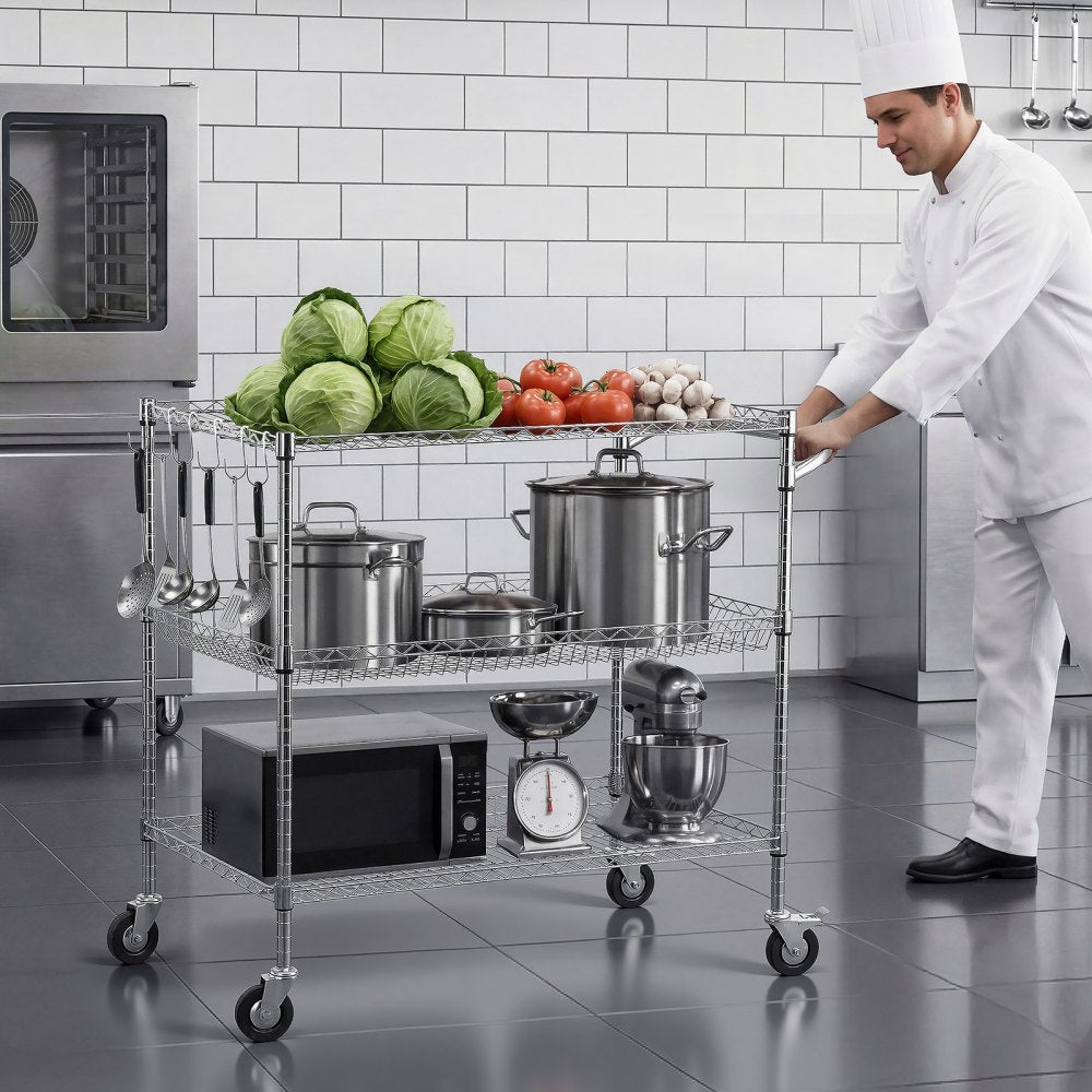 VEVOR Kitchen Utility Cart, 3 Tier Heavy Duty Adjustable Wire Storage Rack, Commercial Steel Rolling Service Trolley on