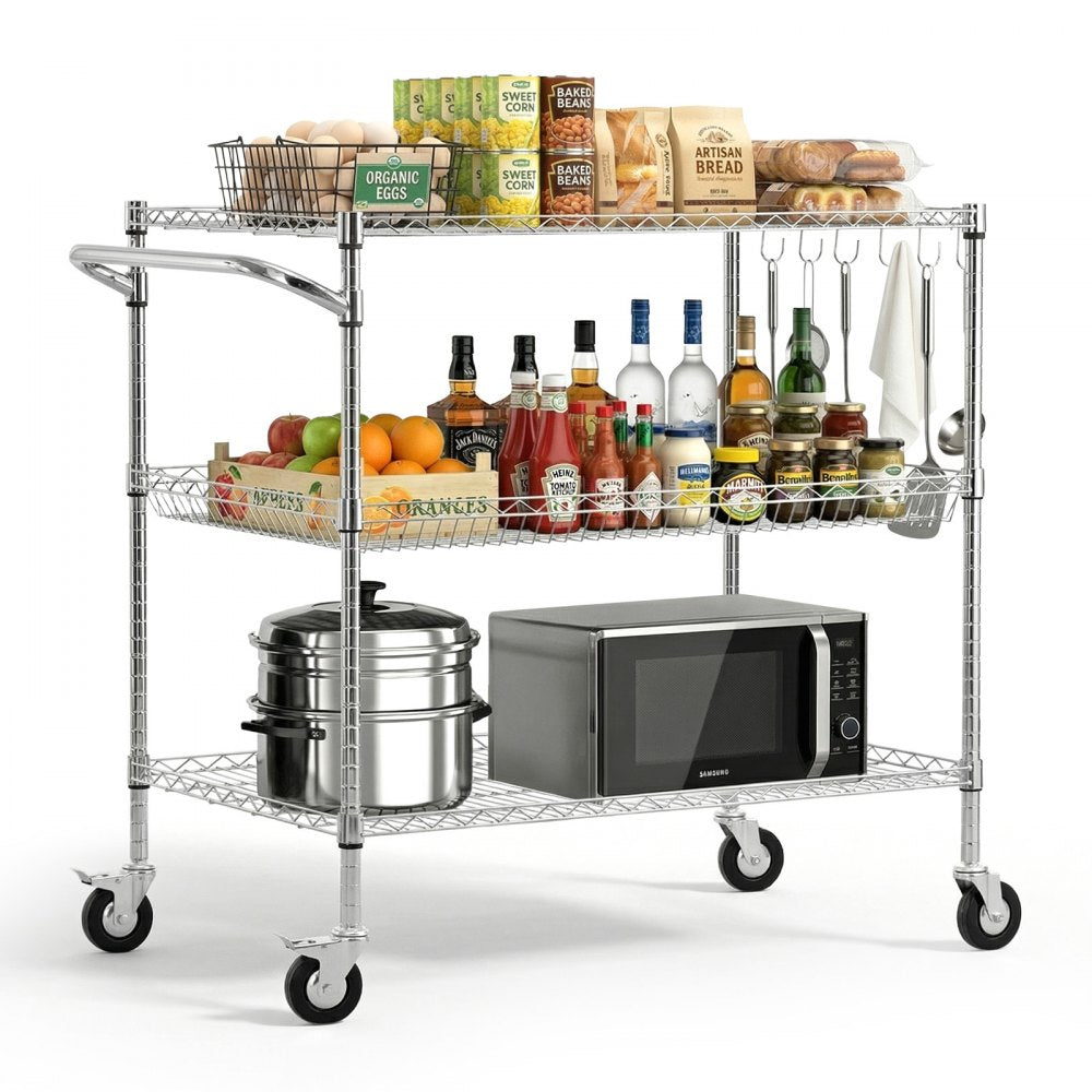 VEVOR Kitchen Utility Cart, 3 Tier Heavy Duty Adjustable Wire Storage Rack, Commercial Steel Rolling Service Trolley on