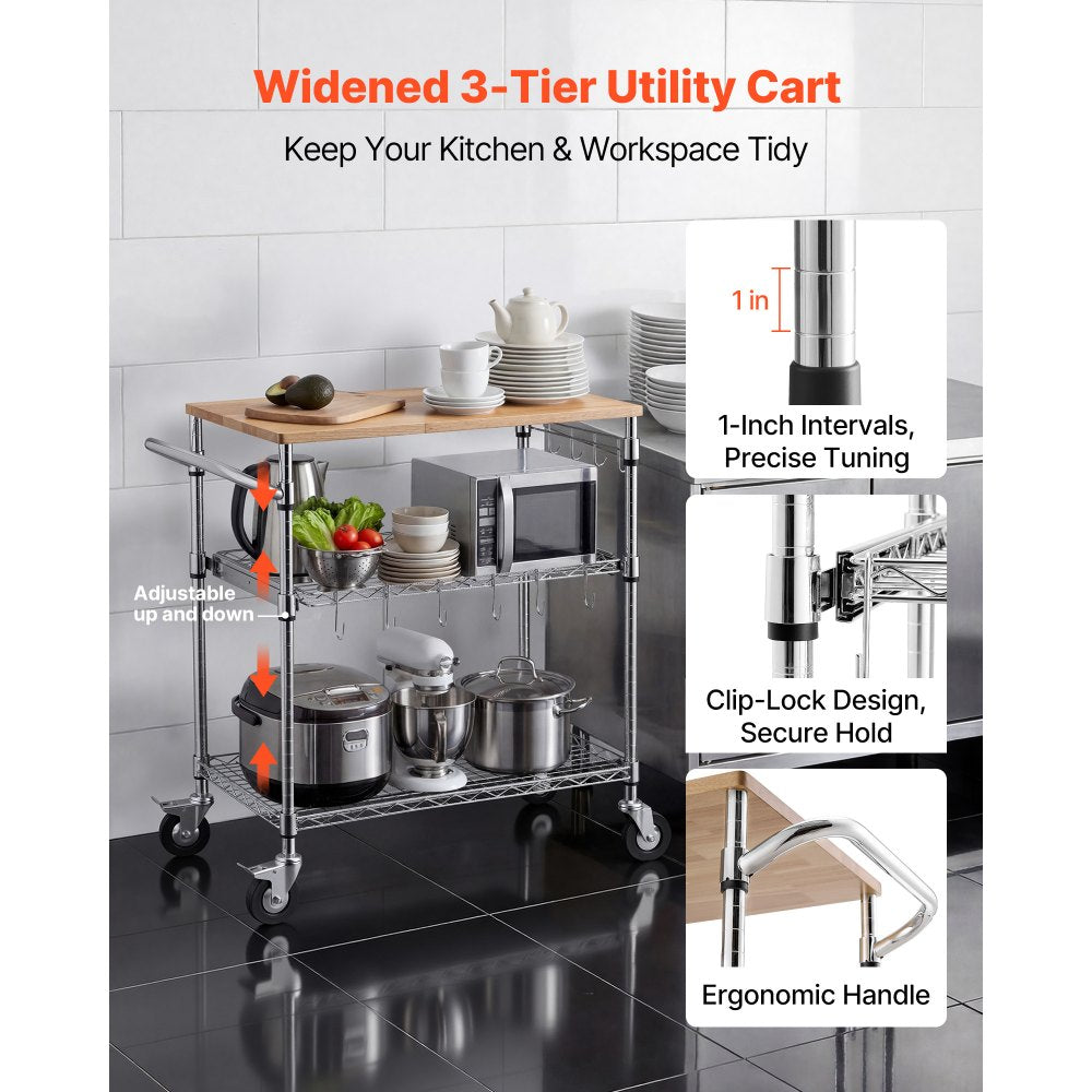 VEVOR Kitchen Utility Cart, 3 Tier Heavy Duty Adjustable Wire Storage Rack with Wood Tabletop and Handle Bar, Rolling
