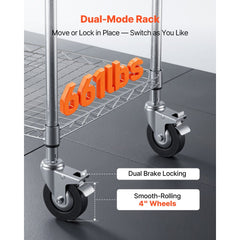 VEVOR Kitchen Utility Cart, 3 Tier Heavy Duty Adjustable Wire Storage Rack with Wood Tabletop and Handle Bar, Rolling