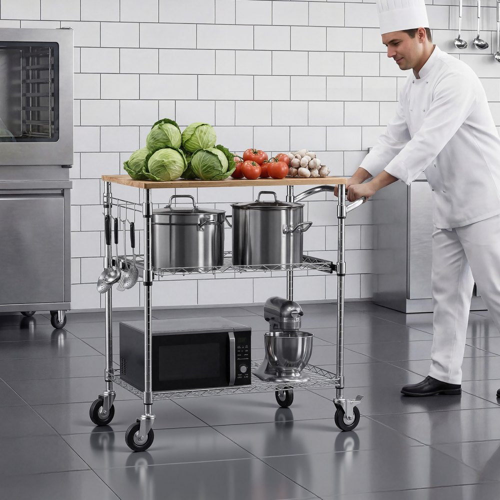 VEVOR Kitchen Utility Cart, 3 Tier Heavy Duty Adjustable Wire Storage Rack with Wood Tabletop and Handle Bar, Rolling