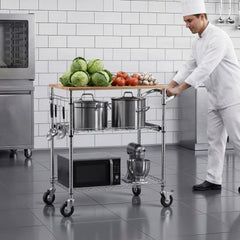 VEVOR Kitchen Utility Cart, 3 Tier Heavy Duty Adjustable Wire Storage Rack with Wood Tabletop and Handle Bar, Rolling