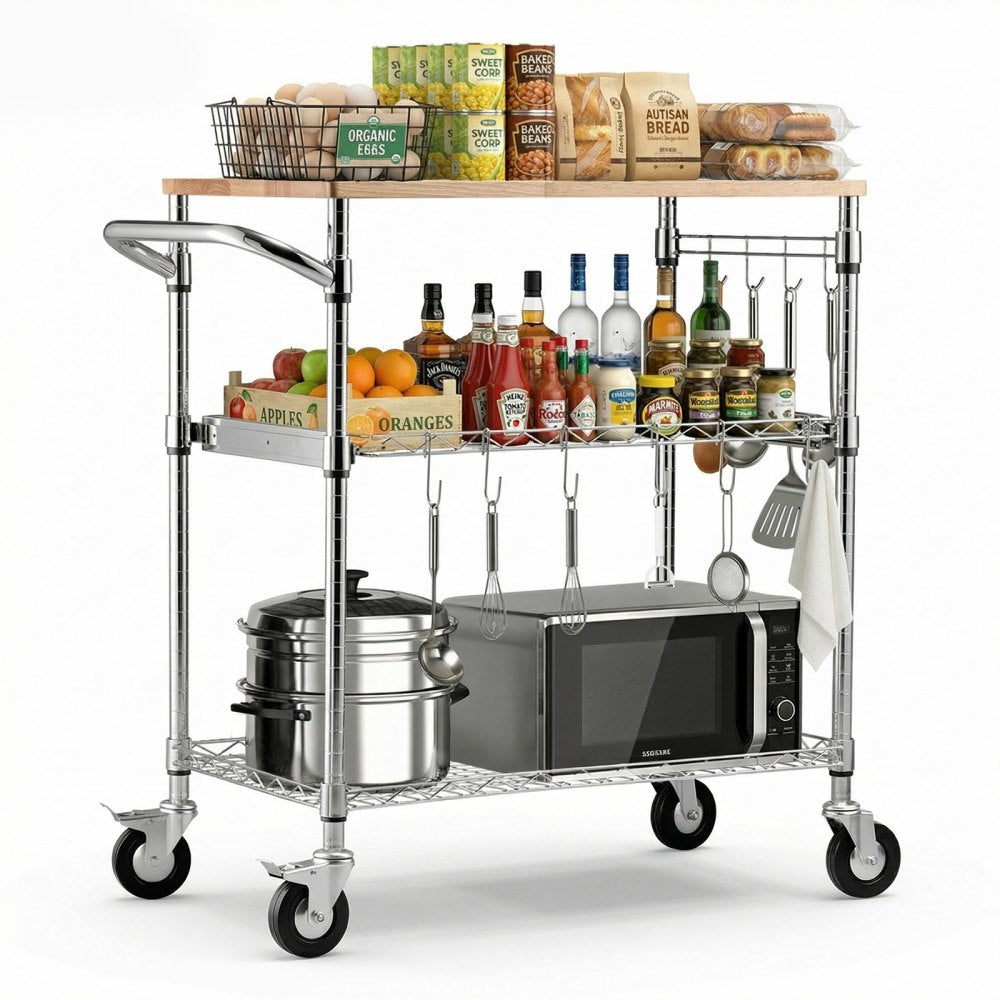 VEVOR Kitchen Utility Cart, 3 Tier Heavy Duty Adjustable Wire Storage Rack with Wood Tabletop and Handle Bar, Rolling