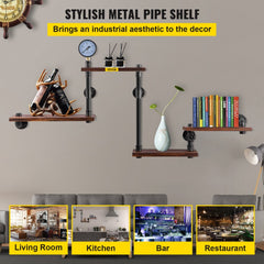 VEVOR Industrial Pipe Shelving, Pipe Shelves with 4-Tier Wood Planks, Rustic Floating Shelves Wall Mounted, Wall Shelf
