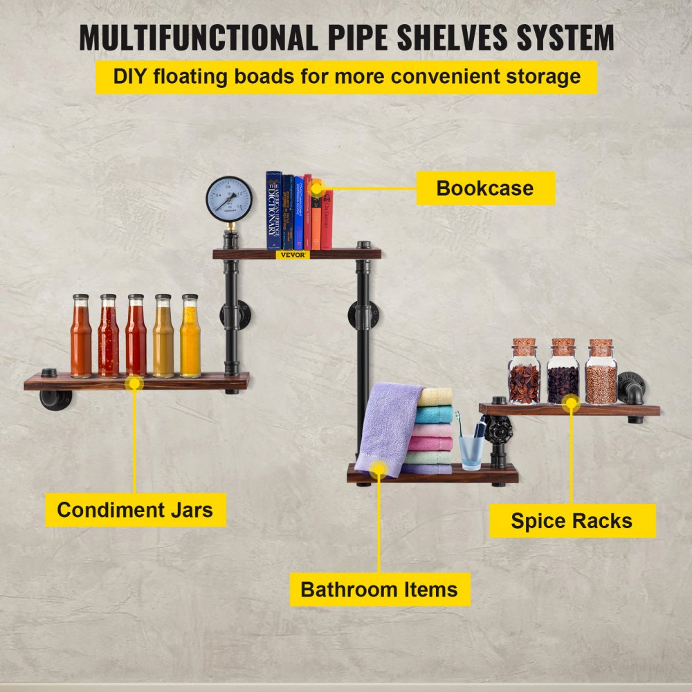 VEVOR Industrial Pipe Shelving, Pipe Shelves with 4-Tier Wood Planks, Rustic Floating Shelves Wall Mounted, Wall Shelf