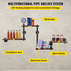 VEVOR Industrial Pipe Shelving, Pipe Shelves with 4-Tier Wood Planks, Rustic Floating Shelves Wall Mounted, Wall Shelf