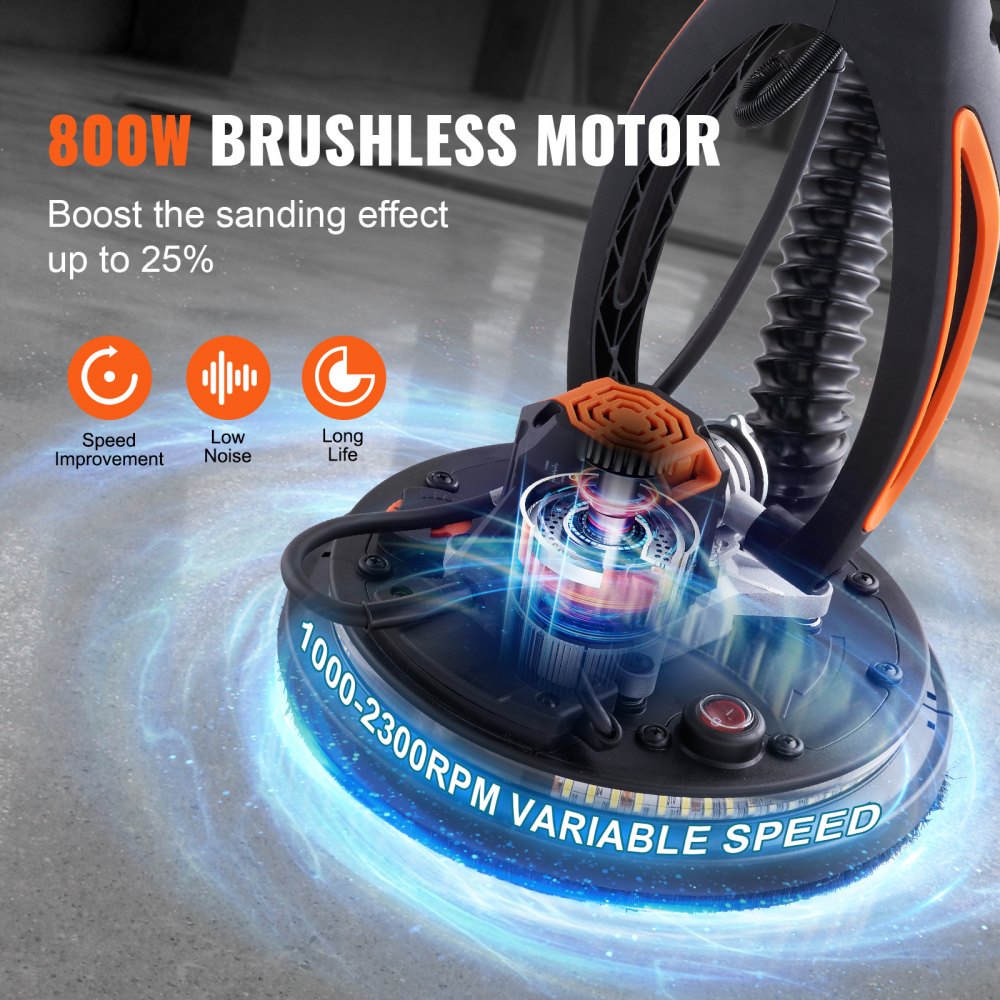 VEVOR Drywall Sander, 800W Brushless Motor Electric Sander, Variable Speed 1000-2300 RPM Wall Sander, Foldable Ceiling
