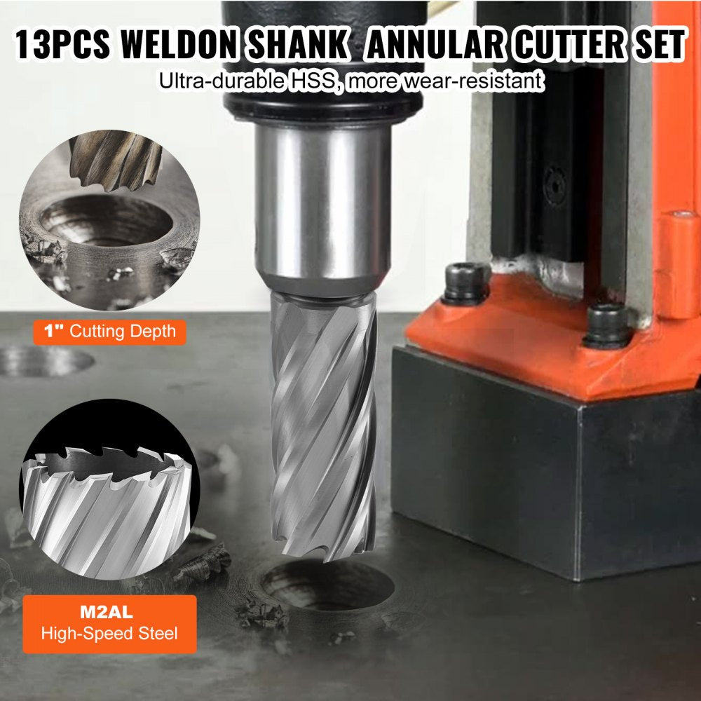 VEVOR Annular Cutter Set, 13 pcs Weldon Shank Mag Drill Bits, 7/16" to 1-1/16" Cutting Diameter, 1" Cutting Depth, M2AL
