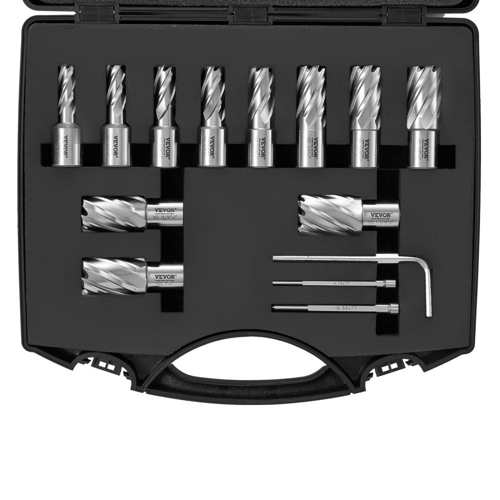 VEVOR Annular Cutter Set, 13 pcs Weldon Shank Mag Drill Bits, 7/16" to 1-1/16" Cutting Diameter, 1" Cutting Depth, M2AL