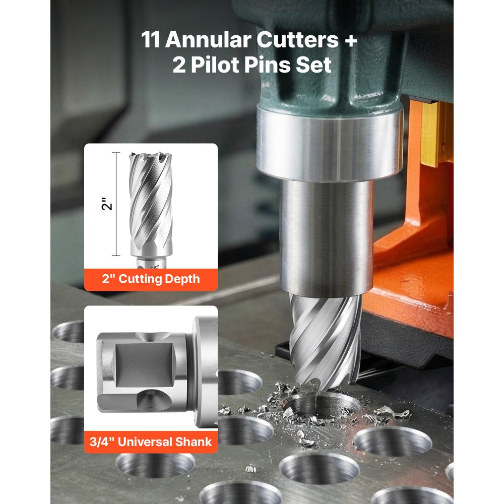 VEVOR Annular Cutter Set, 13 pcs Universal Shank Mag Drill Bits Kit, 2" Cutting Depth, 7/16" to 1-1/16" Cutting
