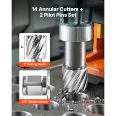 VEVOR Annular Cutter Set, 16 pcs Weldon Shank Mag Drill Bits Kit, 1" Cutting Depth, 7/16" to 1-3/8" Cutting Diameter
