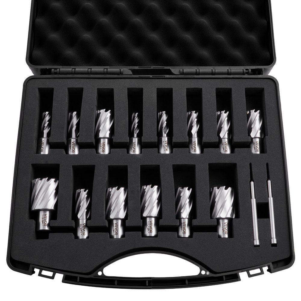 VEVOR Annular Cutter Set, 16 pcs Weldon Shank Mag Drill Bits Kit, 1" Cutting Depth, 7/16" to 1-3/8" Cutting Diameter