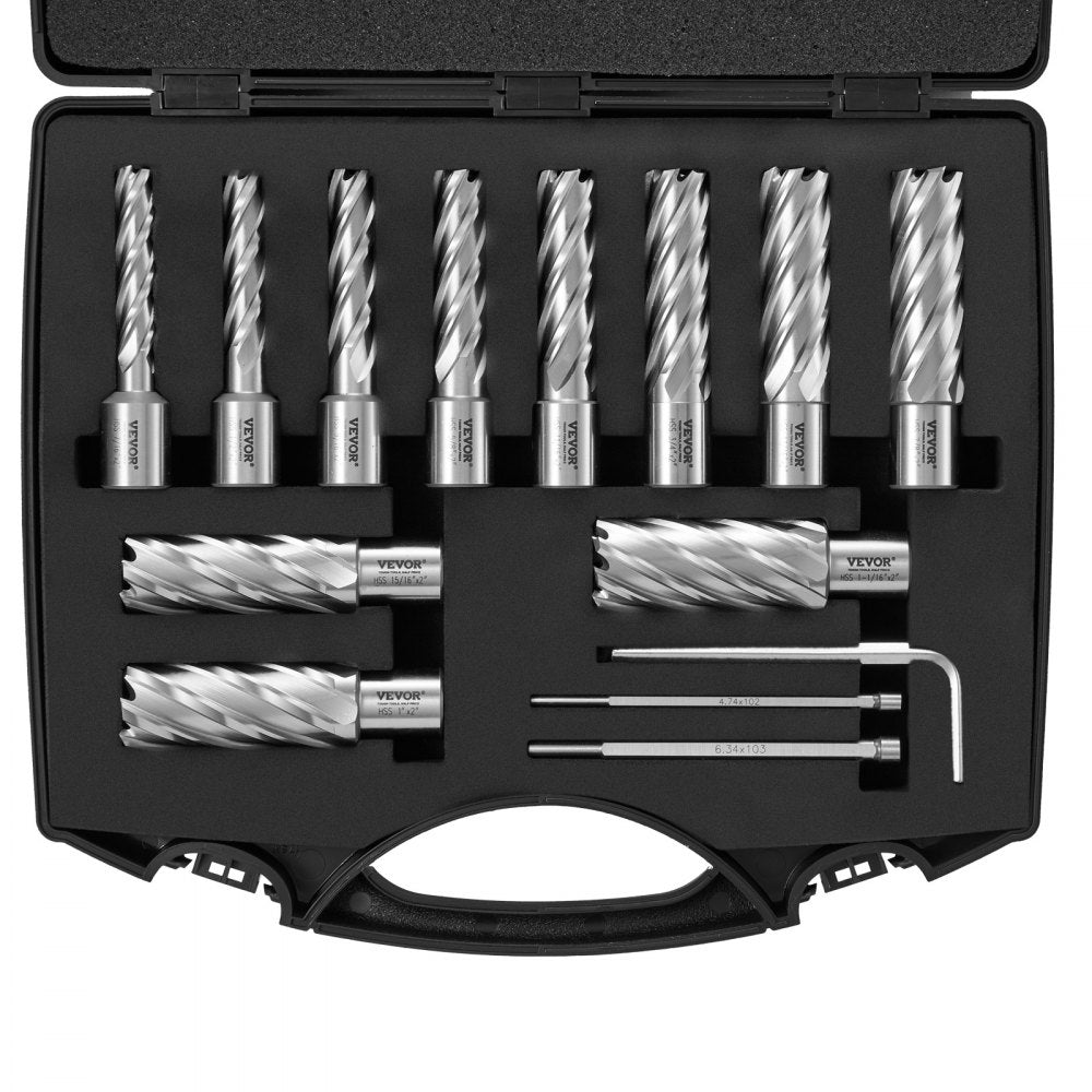 VEVOR Annular Cutter Set, 13 pcs Weldon Shank Mag Drill Bits, 7/16" to 1-1/16" Cutting Diameter, 2" Cutting Depth, M2AL