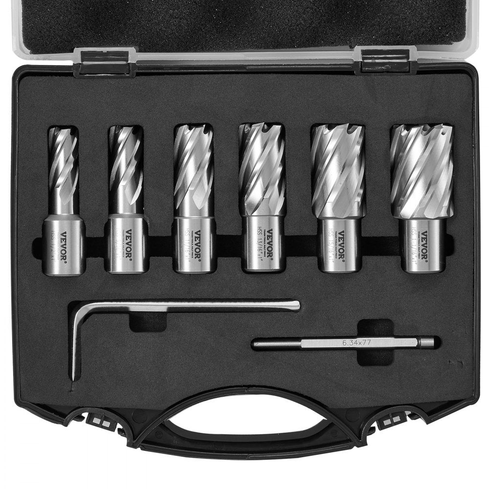 VEVOR Annular Cutter Set, 6 pcs Weldon Shank Mag Drill Bits, 1/2" to 1-1/16" Cutting Diameter, 1" Cutting Depth, M2AL