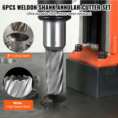 VEVOR Annular Cutter Set, 6 pcs Weldon Shank Mag Drill Bits, 1" to 2" Cutting Diameter, 2" Cutting Depth, M2AL
