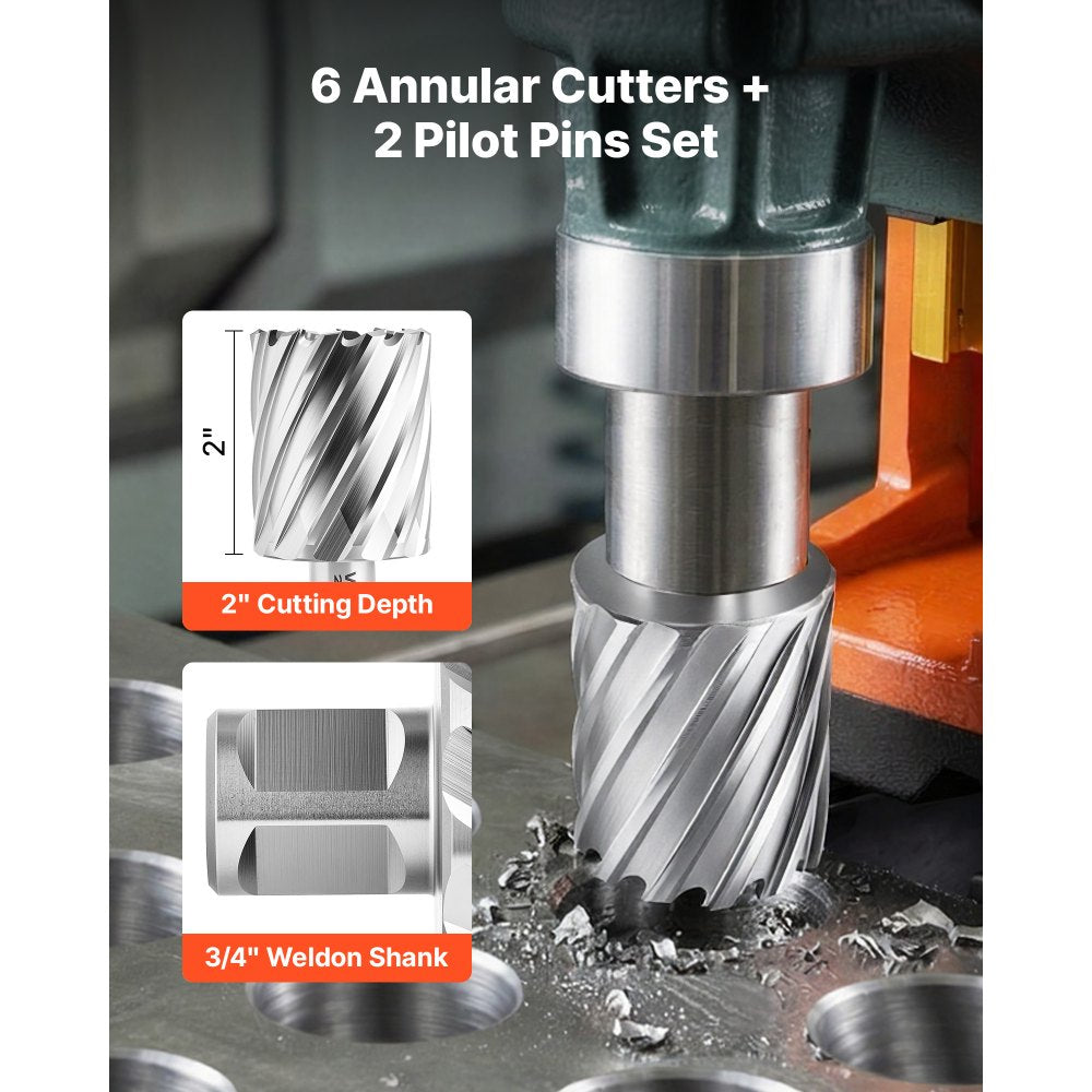VEVOR Annular Cutter Set, 8 pcs Weldon Shank Mag Drill Bits Kit, 2" Cutting Depth, 7/8" to 2" Cutting Diameter, HSS, 6