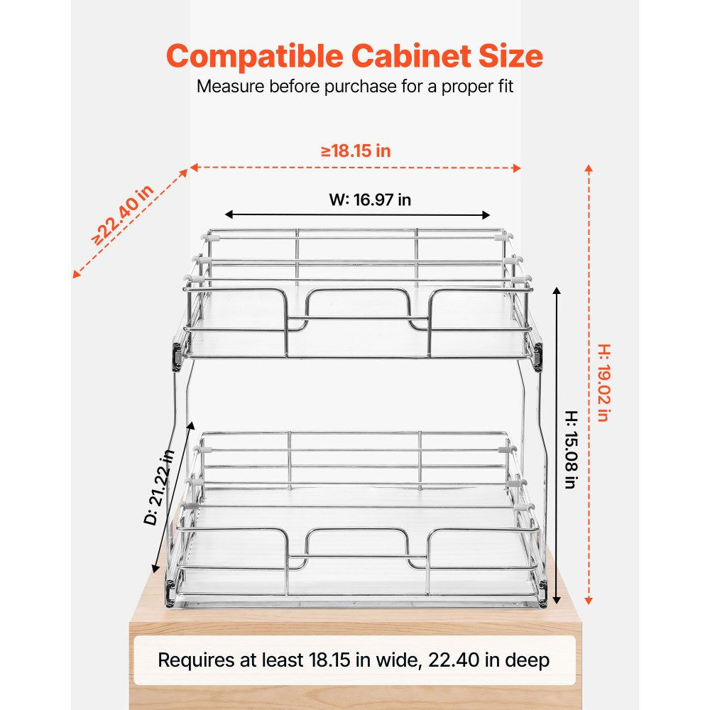 VEVOR 2 Tier Pull Out Cabinet Organizer 16.97"W x 21.22"D Slide Out Drawers, for Kitchen Bathroom Pantry Organization