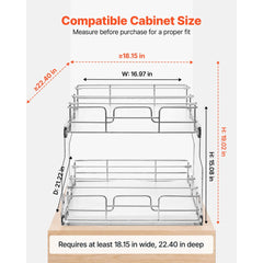 VEVOR 2 Tier Pull Out Cabinet Organizer 16.97"W x 21.22"D Slide Out Drawers, for Kitchen Bathroom Pantry Organization
