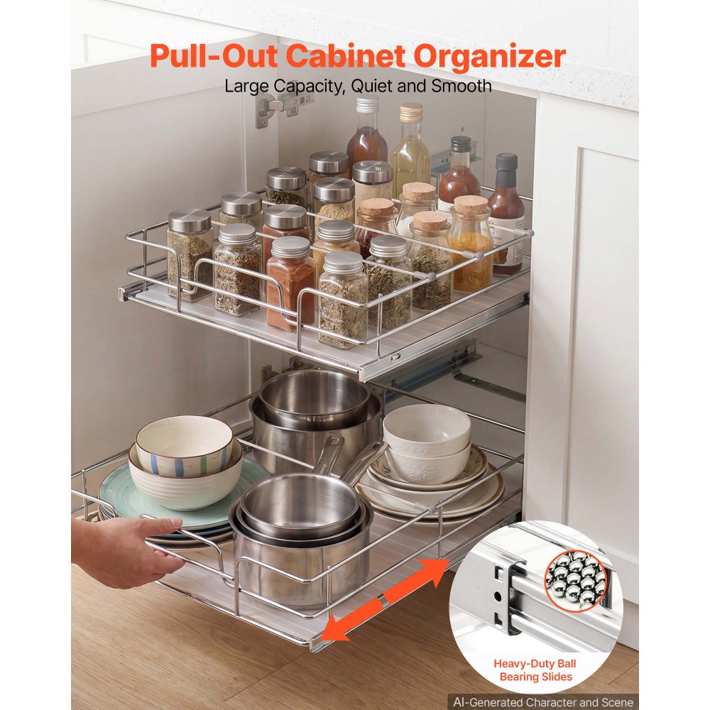 VEVOR 2 Tier Pull Out Cabinet Organizer 16.97"W x 21.22"D Slide Out Drawers, for Kitchen Bathroom Pantry Organization