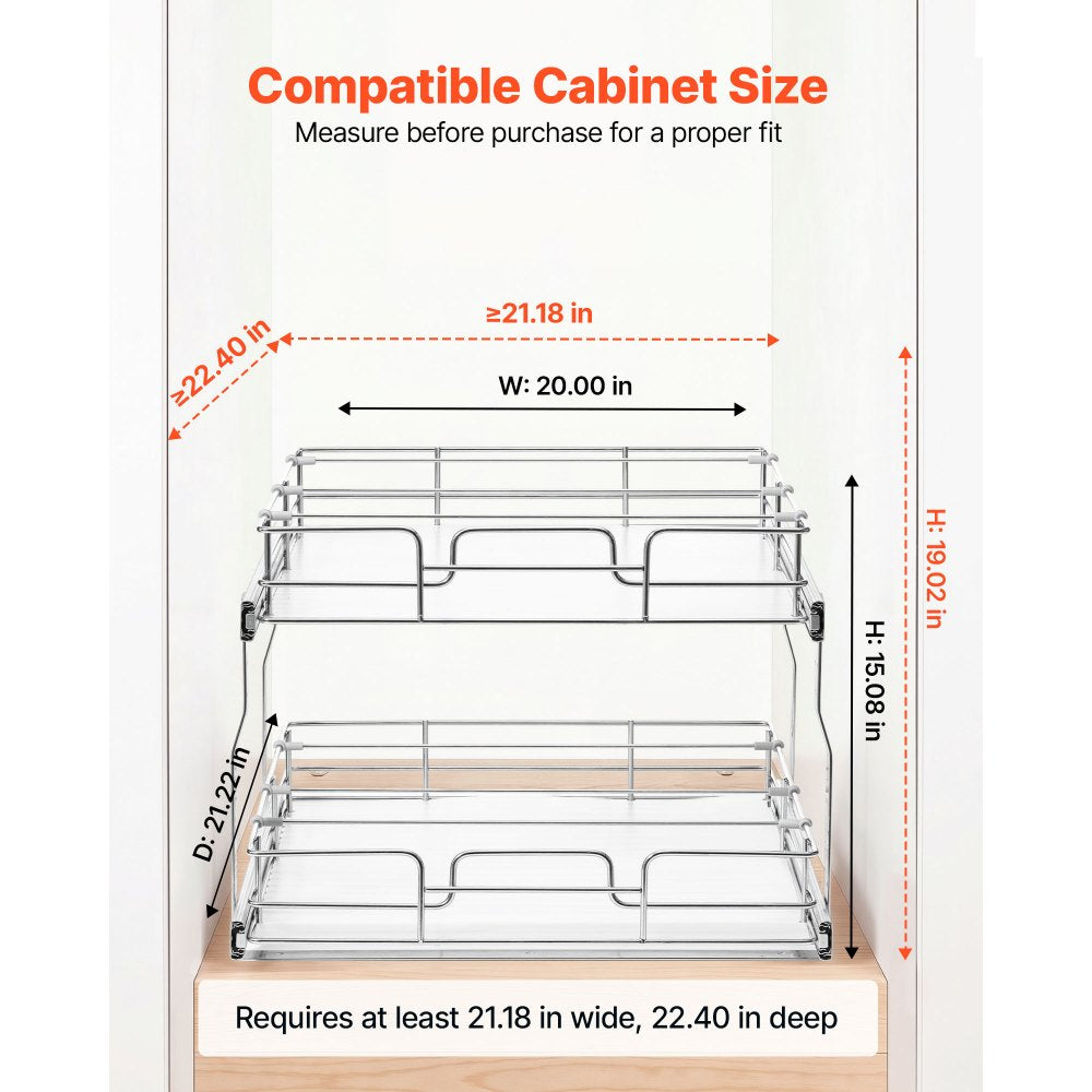VEVOR 2 Tier Pull Out Cabinet Organizer 20"W x 21.22"D Slide Out Drawers, for Kitchen Bathroom Pantry Organization