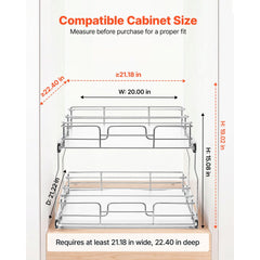 VEVOR 2 Tier Pull Out Cabinet Organizer 20"W x 21.22"D Slide Out Drawers, for Kitchen Bathroom Pantry Organization