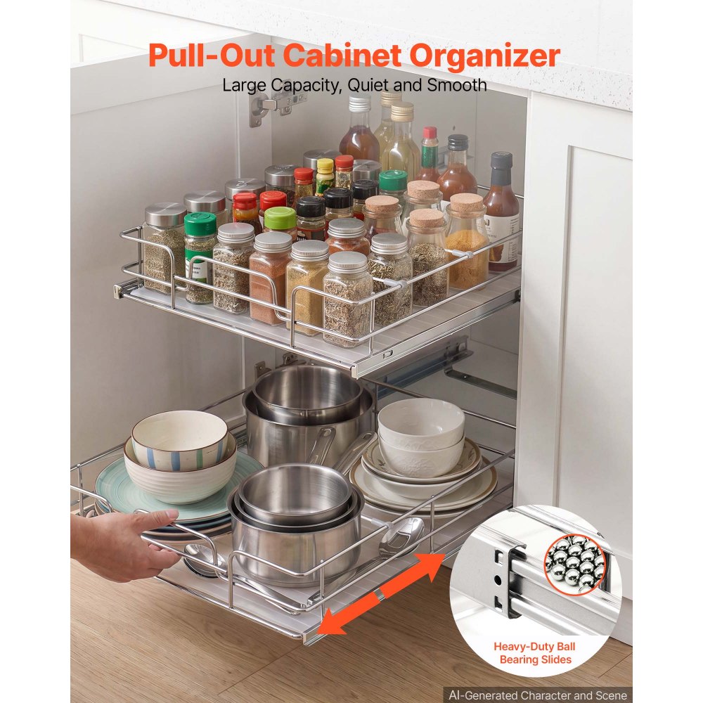 VEVOR 2 Tier Pull Out Cabinet Organizer 20"W x 21.22"D Slide Out Drawers, for Kitchen Bathroom Pantry Organization