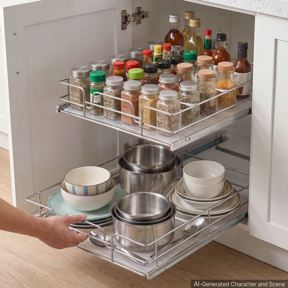 VEVOR 2 Tier Pull Out Cabinet Organizer 20"W x 21.22"D Slide Out Drawers, for Kitchen Bathroom Pantry Organization