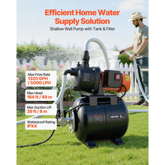 VEVOR 1.1 HP Shallow Well Pump with Pressure Tank, 120V 1320 GPH, Plastic Irrigation Jet Pump with 5-Gal Tank