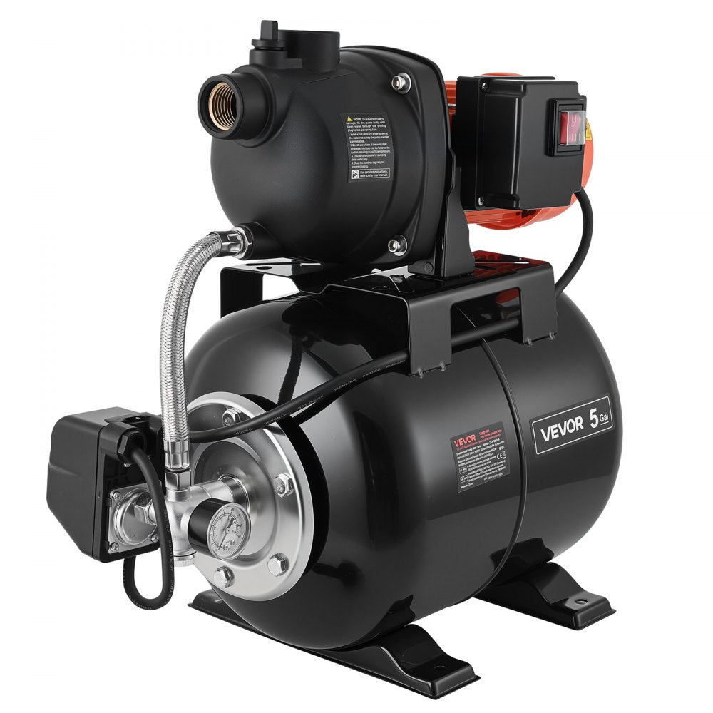VEVOR 1.1 HP Shallow Well Pump with Pressure Tank, 120V 1320 GPH, Plastic Irrigation Jet Pump with 5-Gal Tank