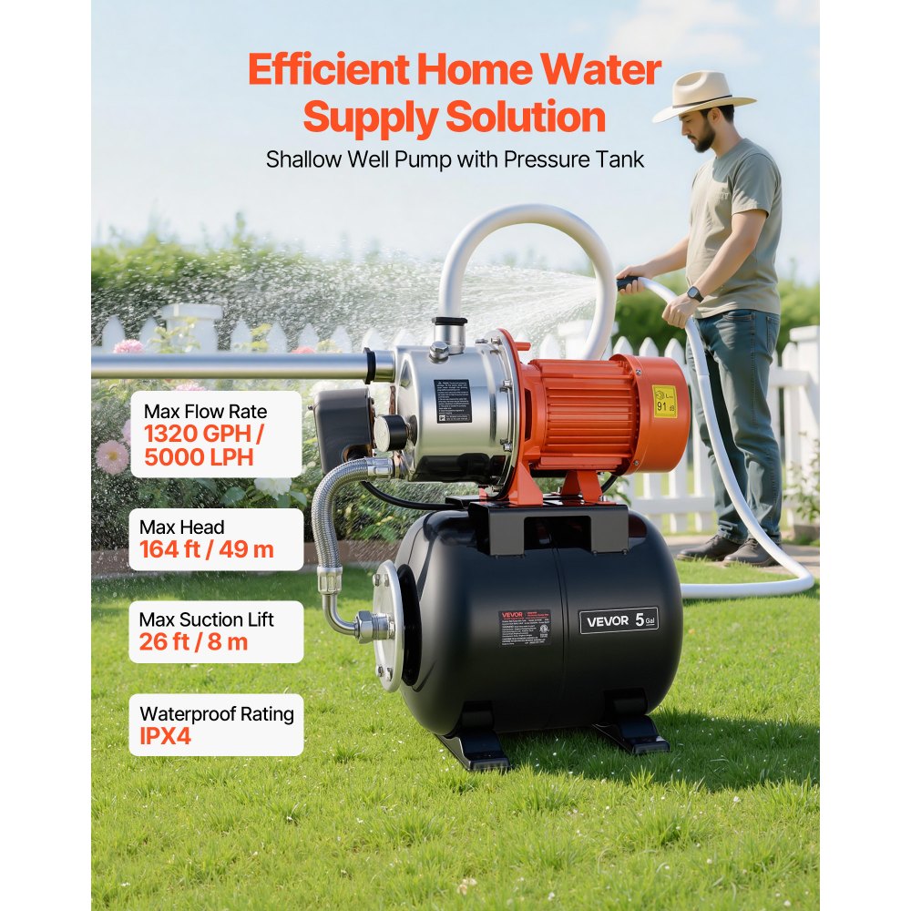 VEVOR 1.6 HP Shallow Well Pump with Pressure Tank, 120V 1320 GPH, Stainless Steel Irrigation Jet Pump with 5-Gal Tank