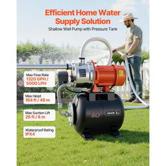 VEVOR 1.6 HP Shallow Well Pump with Pressure Tank, 120V 1320 GPH, Stainless Steel Irrigation Jet Pump with 5-Gal Tank