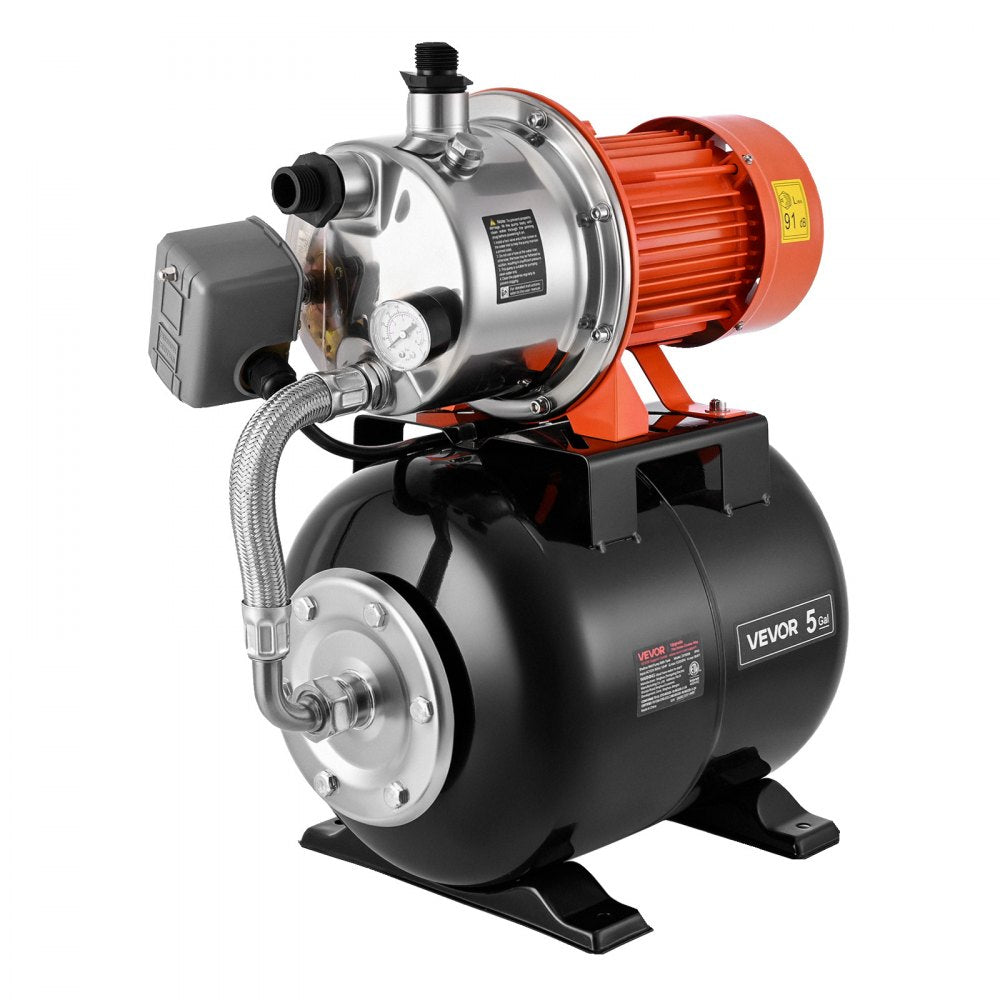 VEVOR 1.6 HP Shallow Well Pump with Pressure Tank, 120V 1320 GPH, Stainless Steel Irrigation Jet Pump with 5-Gal Tank