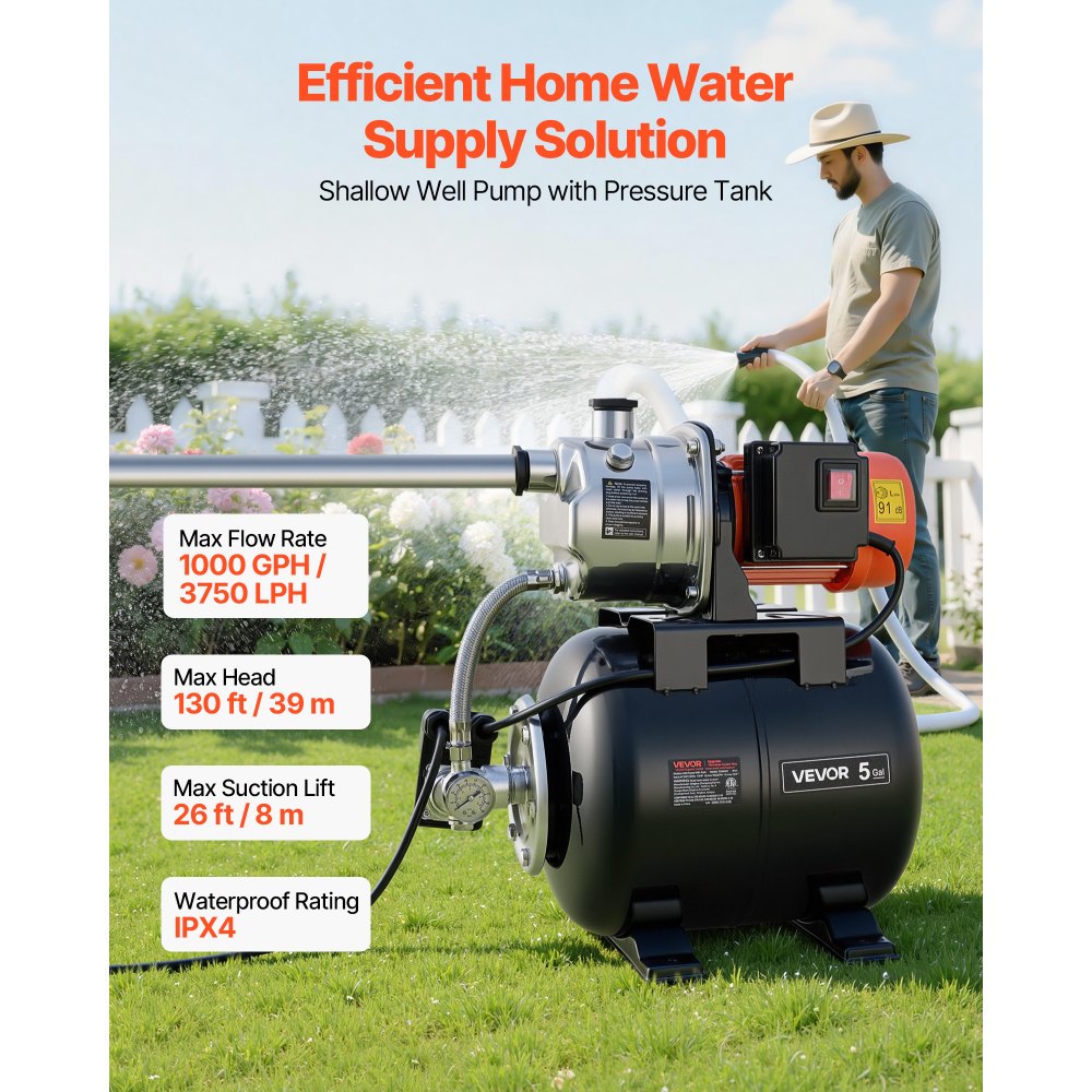VEVOR 1 HP Shallow Well Pump with Pressure Tank, 120V 1000 GPH, Stainless Steel Irrigation Jet Pump with 5-Gal Tank