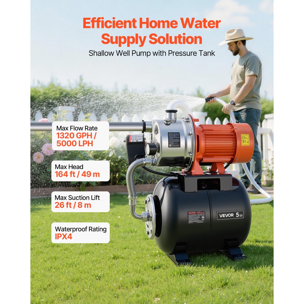 VEVOR 1.6 HP Shallow Well Pump with Pressure Tank, 120V 1320 GPH, Stainless Steel Irrigation Jet Pump with 5-Gal