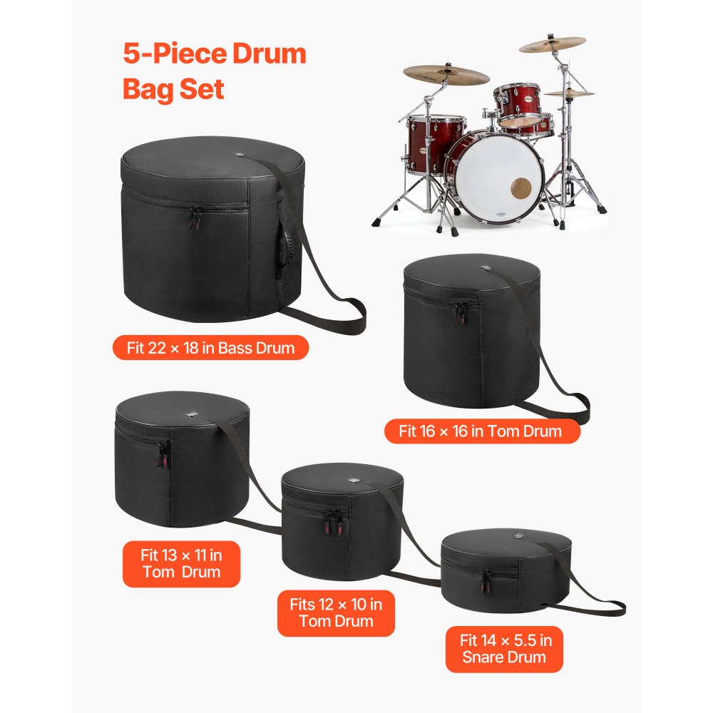 VEVOR 5-Piece Drum Case Set, 600D, Padded Drum Bags for 22 in Bass, 12/13/16 in Tom, 14 in Snare, Thick Padding