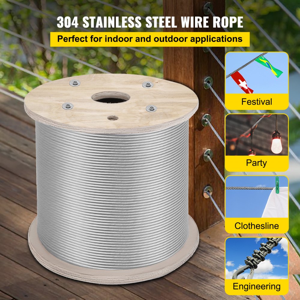 VEVOR 1/4" Stainless Steel Cable 200FT, T304 7x19 Tighter Core Cable Railing System Wire Rope Aircraft Deck Railing Kit