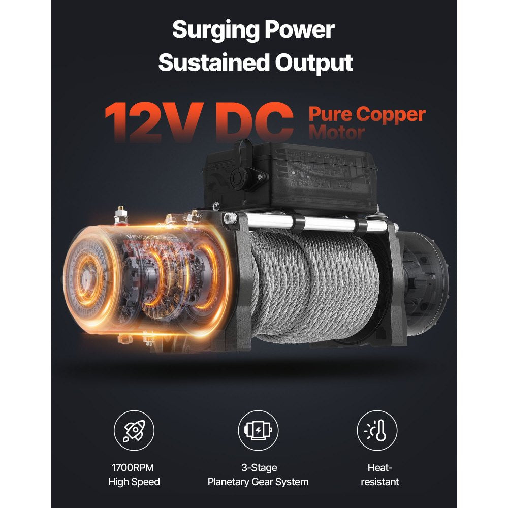 VEVOR Electric Winch, 13500 lbs Load Capacity, 12V DC Truck Winch with Φ3/8 in x 80 ft Steel Rope, Wireless & Wired