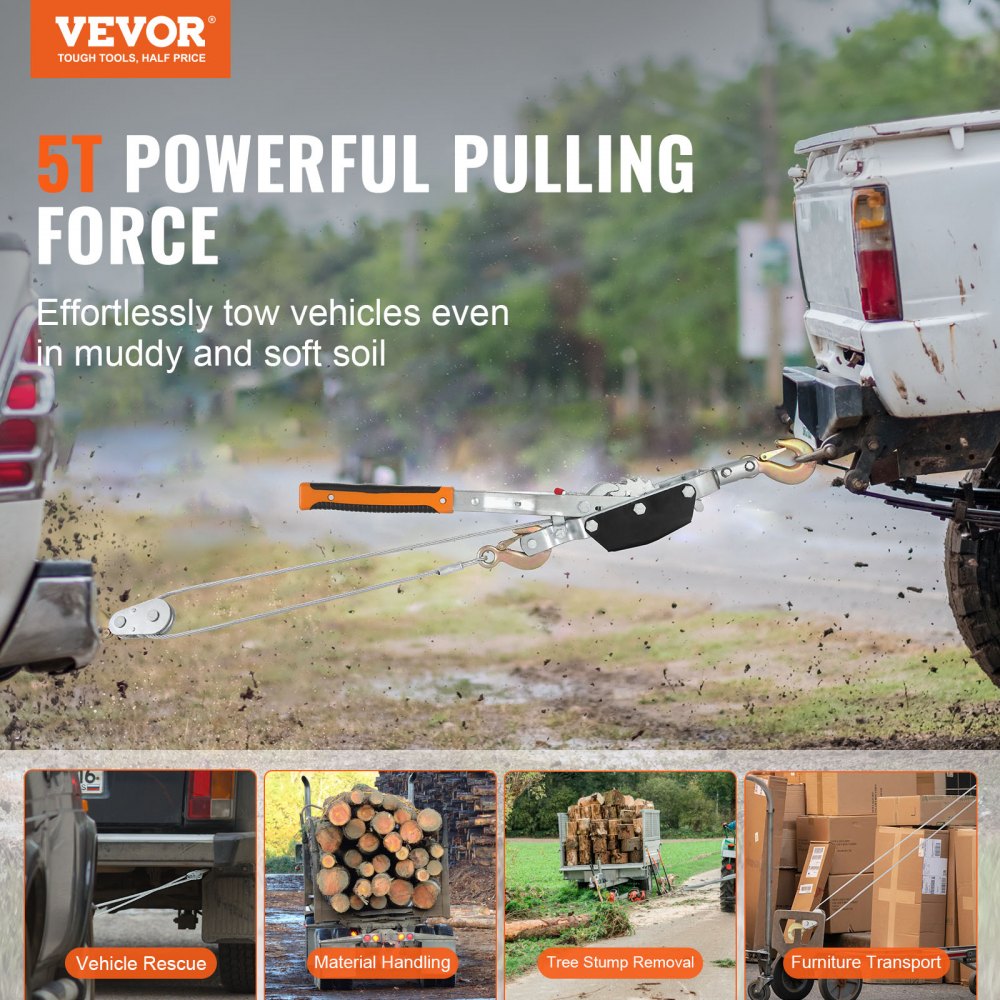 VEVOR Come Along Winch, 5 Ton (11,023 lbs) Pulling Capacity, 11.5 ft Steel Cable, 3 Hooks, Heavy Duty Ratchet Power