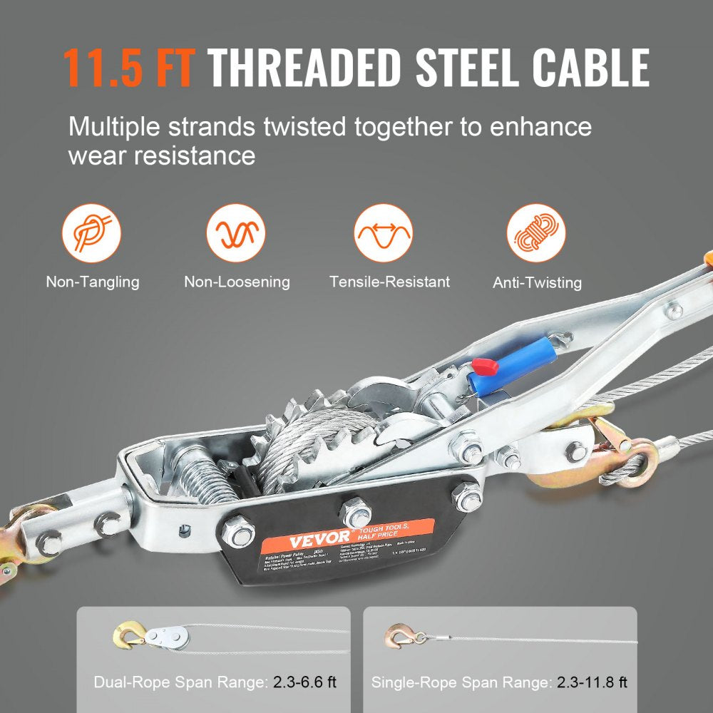 VEVOR Come Along Winch, 5 Ton (11,023 lbs) Pulling Capacity, 11.5 ft Steel Cable, 3 Hooks, Heavy Duty Ratchet Power