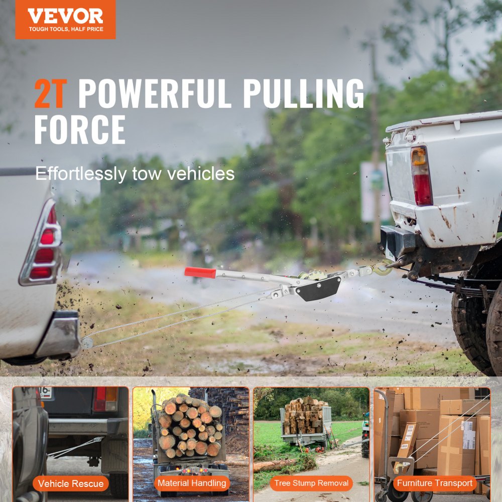 VEVOR Come Along Winch, 2 Ton (4,409 lbs) Pulling Capacity, 12 ft Steel Cable, 2 Hooks, Heavy Duty Ratchet Power Puller