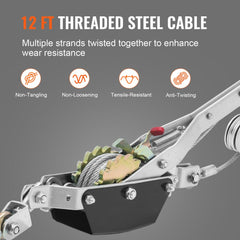 VEVOR Come Along Winch, 2 Ton (4,409 lbs) Pulling Capacity, 12 ft Steel Cable, 2 Hooks, Heavy Duty Ratchet Power Puller