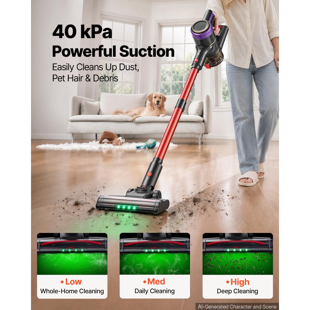 VEVOR Cordless Vacuum Cleaner 400W 40kPA Cordless Stick Vacuum Cleaner, For Home Hard Floor Carpet Pet Hair, 45-Min